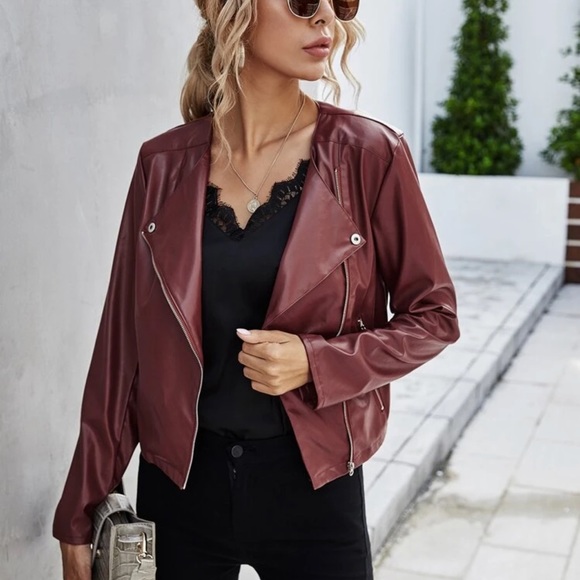 Minimalist vegan leather moto jacket dark brown - Picture 6 of 9